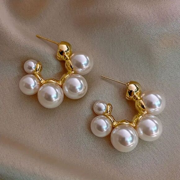 “Antonia” Modern Classic Gold and Pearl C Hoop Earrings - Picture 1 of 2